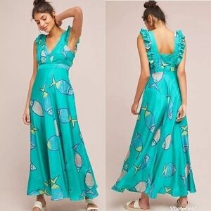 Anthropologie Anupamaa Turquoise Silk Fish Print Maxi Dress Size 0